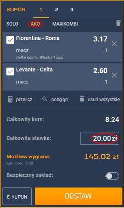 obstawianie meczy - wnoszenie kuponu AKO