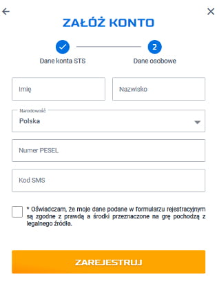 formularz rejestracyjny STS - 2. ekran