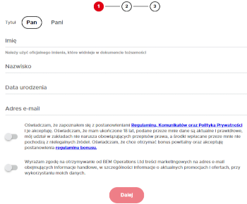 Rejestracja w Betclic - 1. ekran