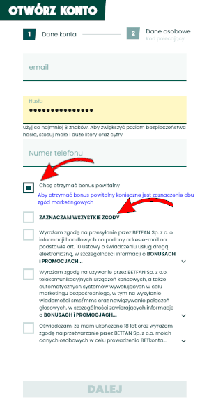 Betfan rejestracja - 1. ekran formularza