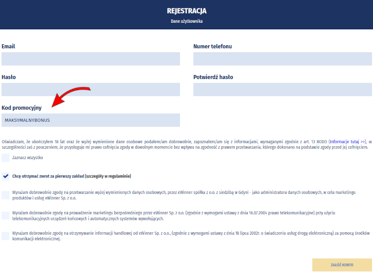 Rejestracja w eWinner - 1. ekran