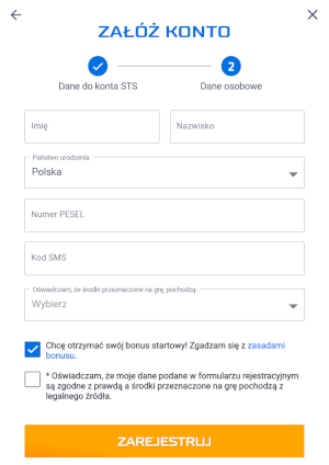 STS - rejestracja - dane osobowe