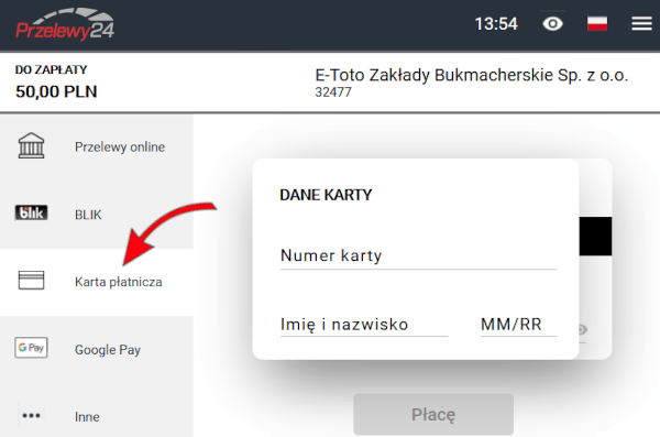 Wpłata kartą w Etoto - dane karty