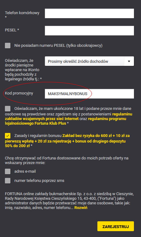 kod promocyjny w Fortunie