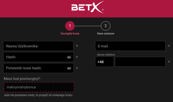 Rejestracja w BetX - 1. krok