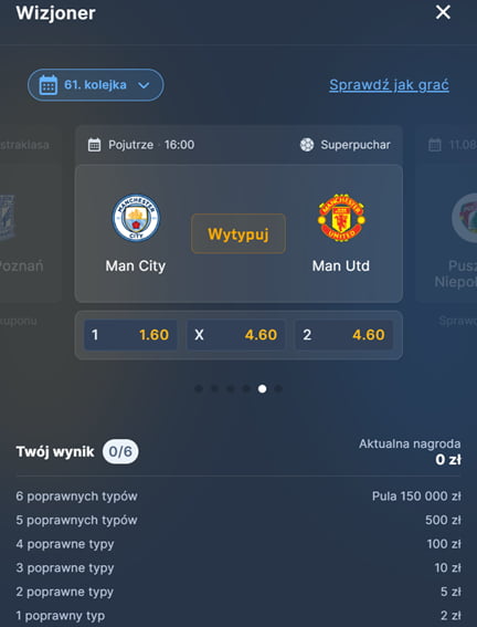 Przykładowa kolejka gry Wizjoner bukmachera STS. Wytypuj Manchester City-Manchester United. Kursy i nagrody.