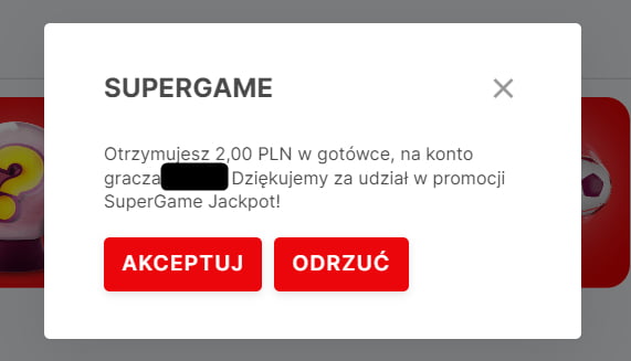 SuperGame w Superbet - powiadomienie o wygranej nagrodzie 2 zł w gotówce