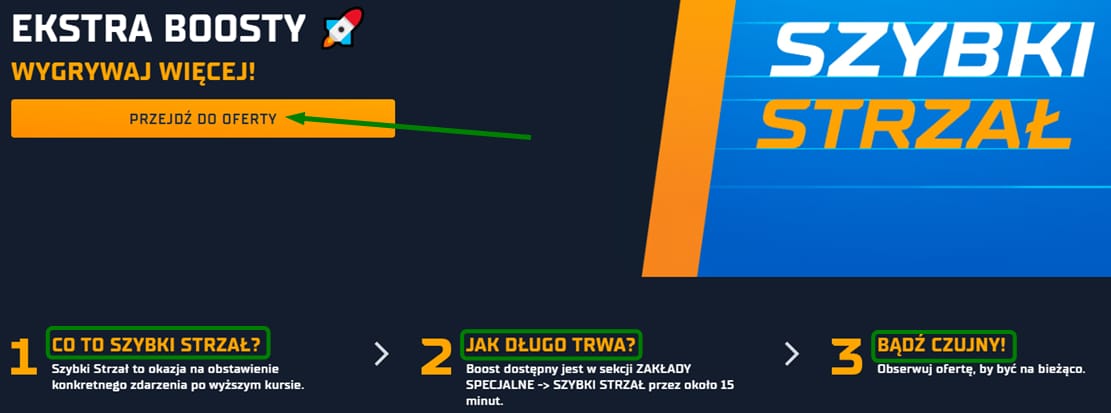 Stała promocja "Szybki Strzał" w STS - ekstra boosty, wygrywaj więcej. Trzy informacje: co to szybki strzał, jak długo trwa, bądź czujny.