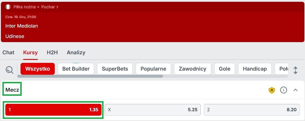 Kursy bukmachera Superbet i typ eksperta na zwycięzcę w meczu Inter Mediolan - Udinese, dostępnego w Powitalnej promocji czasowej Superbet