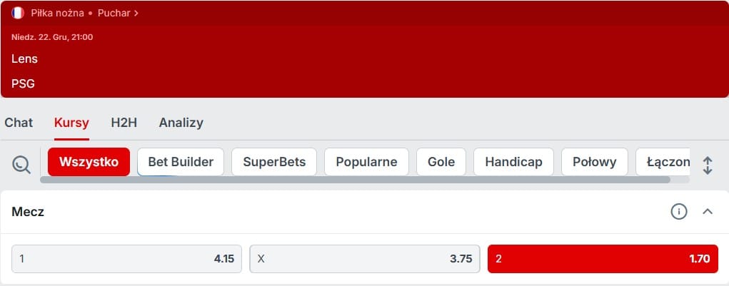 Kursy bukmachera Superbet i typ eksperta na zwycięzcę w meczu Lens - PSG, dostępnego w Powitalnej promocji czasowej Superbet