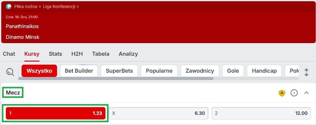 Kursy bukmachera Superbet i typ eksperta na zwycięzcę w meczu Panathinaikos - Dynamo Mińsk, dostępnego w Powitalnej promocji czasowej Superbet