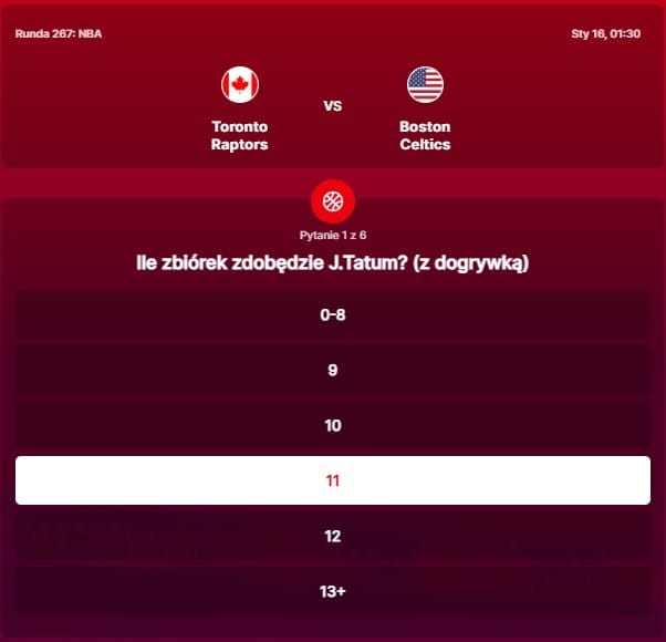 SuperGame w Superbet - typ bukmacherski na 267. rundę (Toronto Raptors - Boston Celtics)