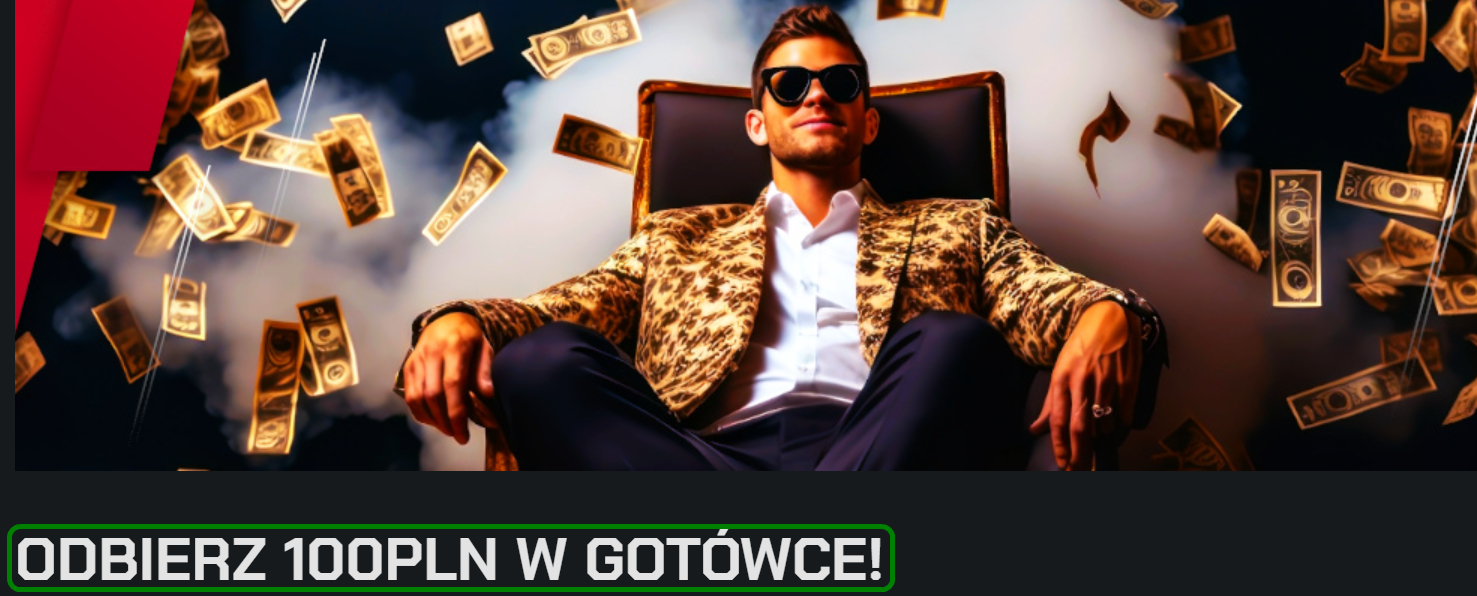 Bonus powitalny w Betters - odbierz 100 PLN w gotówce. Bogaty mężczyzna na fotelu, pod deszczem banknotów.