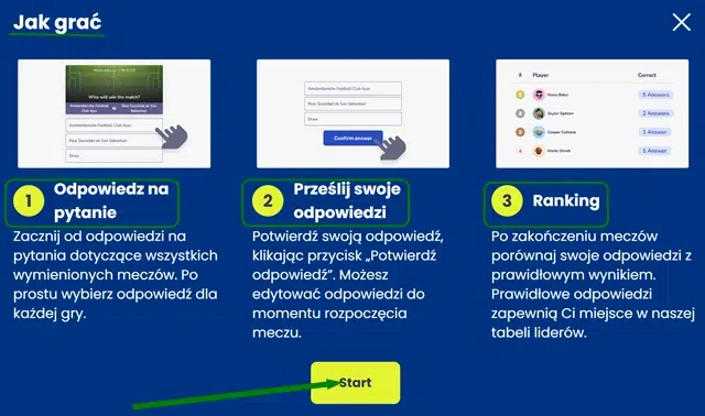 Jak grać w Quiz sportowy ETOTO? 1. Odpowiedz na pytanie. 2. Prześlij swoje odpowiedzi. 3. Ranking.