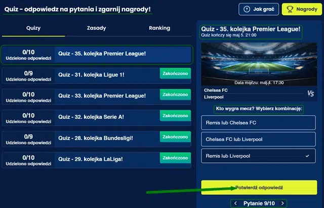 Quiz sportowy ETOTO - jedno z pytań w przykładowej rundzie quizu, na 35. kolejkę Premier League.