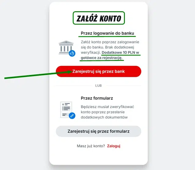 Wybór metody rejestracji w Superbet. Założenie konta gracza z użyciem mojeID zapewnia dodatkowy bonus powitalny bez depozytu, w kwocie 10 zł.