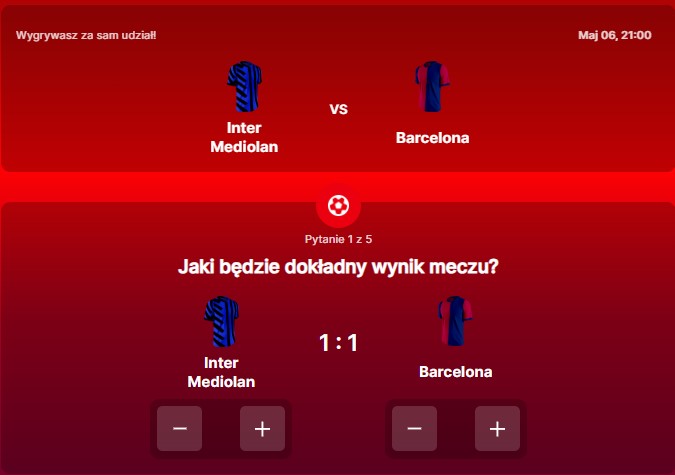 SuperGame w Superbet - typ bukmacherski na 292. rundę (Inter Mediolan - FC Barcelona)