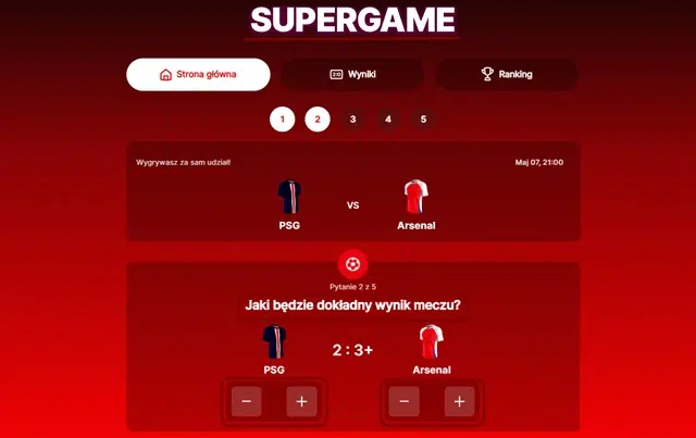 Przykładowa runda SuperGame - darmowej gry bukmacherskiej Superbet. Pytanie o mecz PSG-Arsenal.