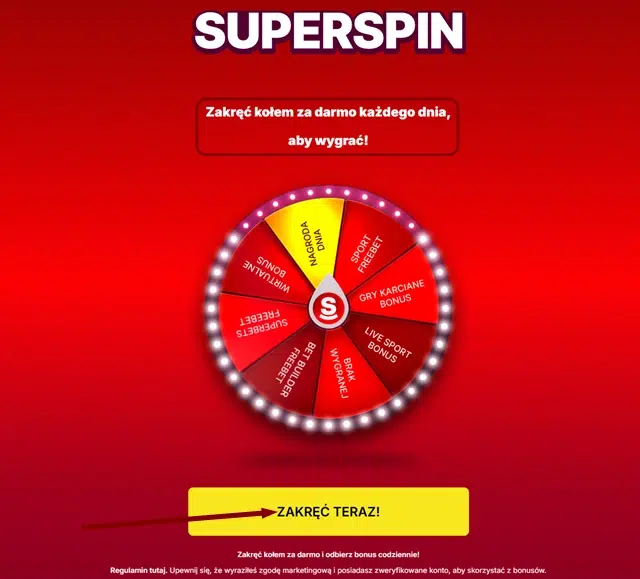 Stała promocja SuperSpin bukmachera Superbet. Widok promocyjnego koła z nagrodami.