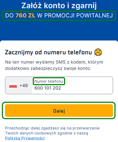 Formularz rejestracyjny bukmachera STS - pierwszy krok. Podanie numeru telefonu.